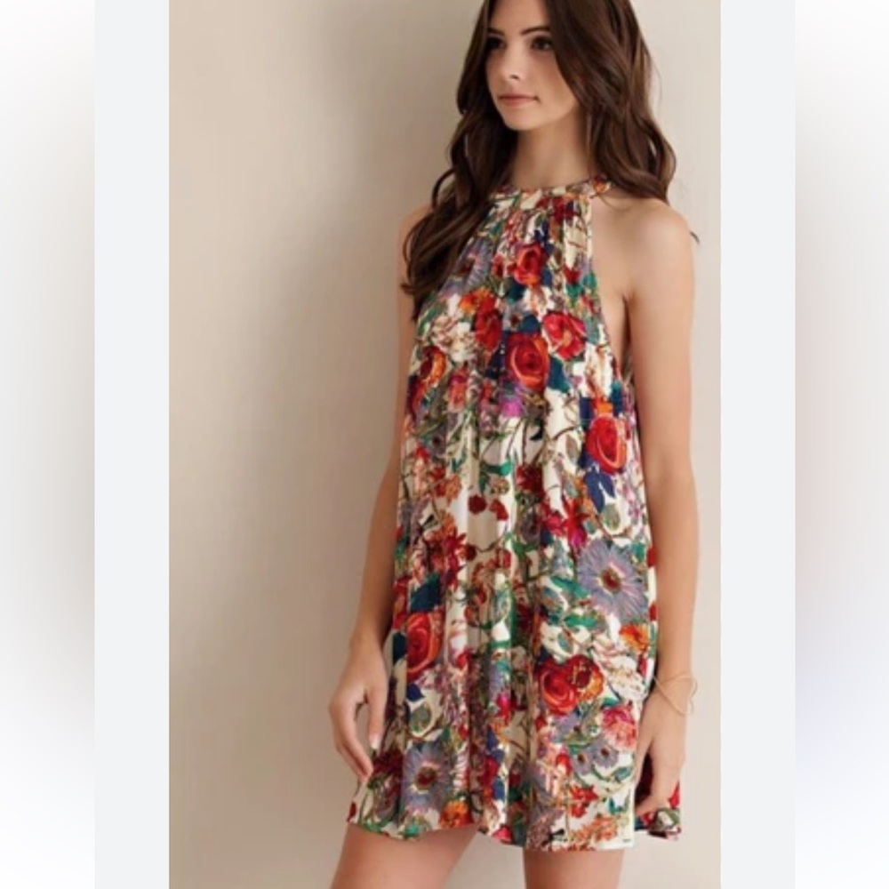 entro Floral Halter Mini Dress in Cream with Red & Green Floral Print